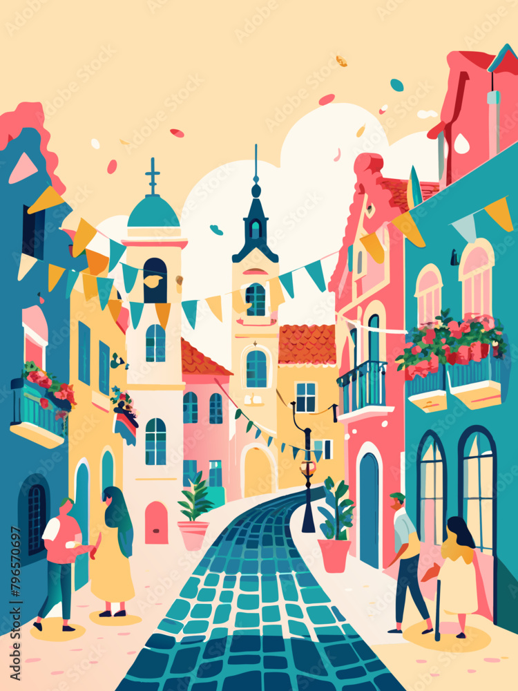 Obraz premium Colorful European Street Festival Illustration with People and Decorations