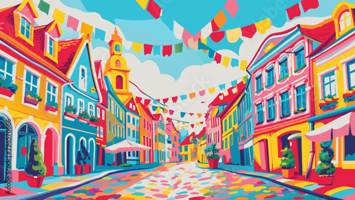 Vibrant, Festive European Street with Colorful Buildings and Bunting Flags
