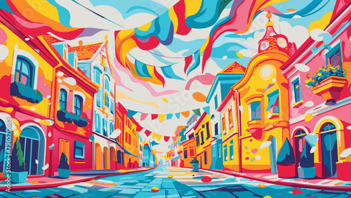 Vibrant Townscape with Colorful Buildings and Dynamic Sky