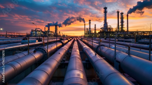 Industrial Pipes Leading to a Refinery at Sunset. The Image Captures the Contrast Between Nature and Industry. Perfect for Environmental Concepts. AI