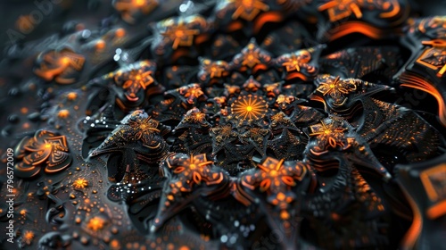A close up of a black and orange flowery design photo