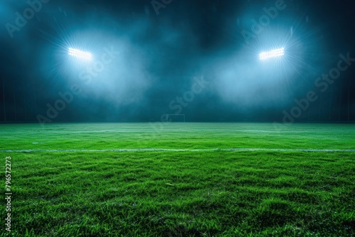 Green football feild with 2 open spotlights outdoors stadium nature