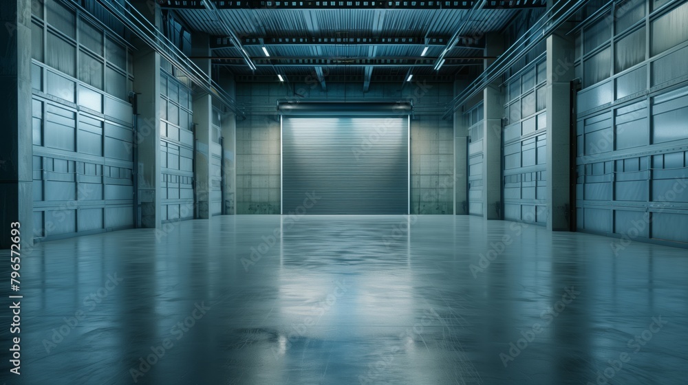 Spacious modern warehouse interior with closed metal rolling gates and reflective concrete floor. Spacious modern warehouse interior with closed metal rolling gates and reflective concrete floor.