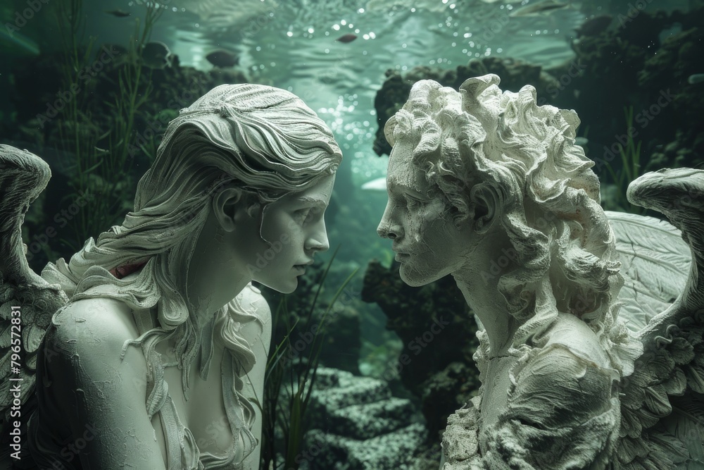 Obraz premium Enigmatic underwater angel statues facing each other