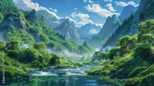 A beautiful mountain landscape with a river running through it