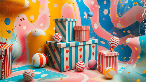 A surreal composition of gift boxes with polka dots and stripes, set against a multicolored, abstract background photo