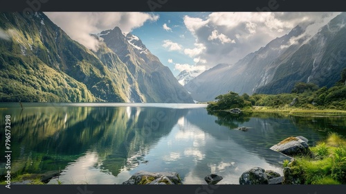 A beautiful lake surrounded by mountains with a cloudy sky in the background photo