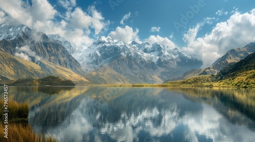 A beautiful mountain range with a lake in the foreground © rizkan