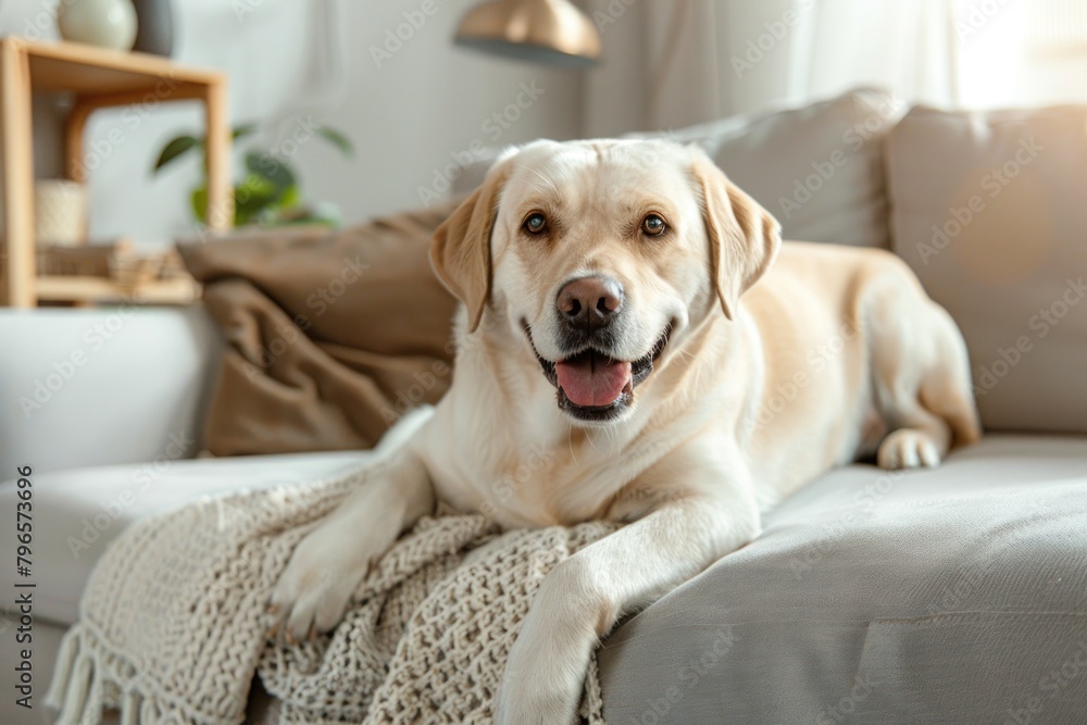 happy labrador dog lying on sofa in modern living room at home happy labrador dog lying on sofa in modern living room at home