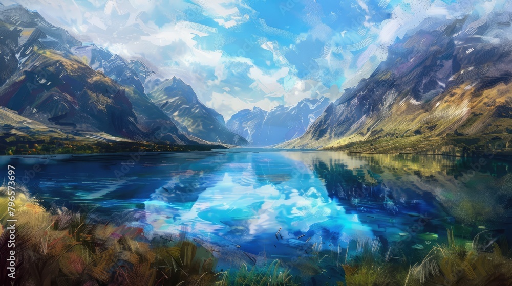 A painting of a mountain lake with mountains in the background