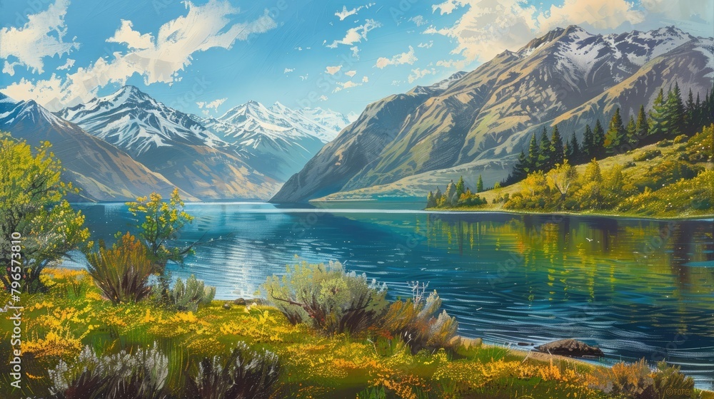 A painting of a mountain lake with a tree in the foreground