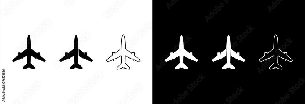 Fototapeta premium Airplane travel, set of icons on black and white background.