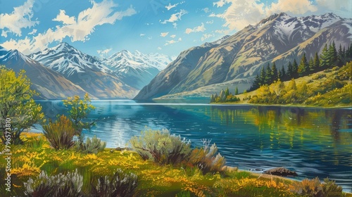 A painting of a mountain lake with a tree in the foreground