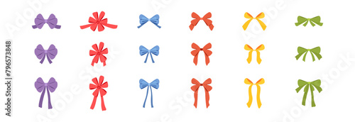 Bows of various complexity, for decorating a gift or decoration for a holiday. A set of colorful bows.