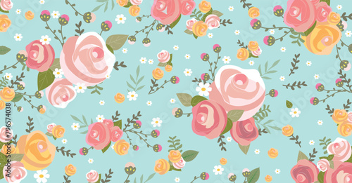  Vintage classic Style Floral Pattern on pastel Blue Background with roses and buds. Spring Floral, Seamless Print Design.
