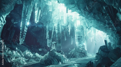 A cave with ice formations and a light shining through