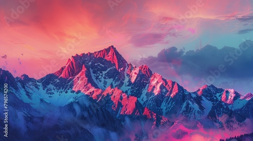 A mountain range with a pink and blue sky