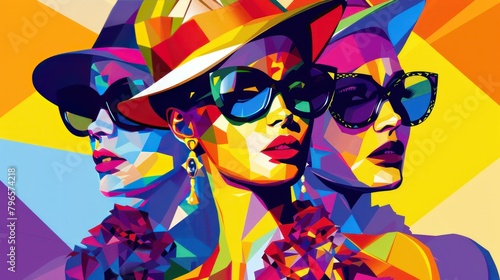 WPAP art style illustration design of a woman's face seen from the side  with glasses and hat. Colorful modern design art.  © Khoirul