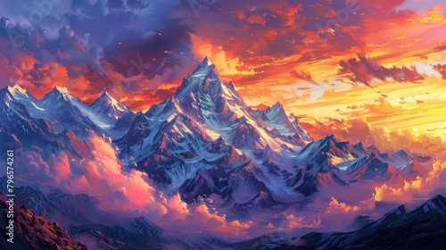 A painting of a mountain range with a sunset in the background photo
