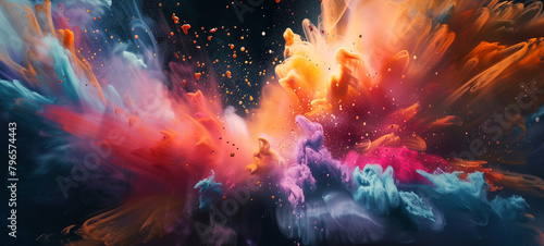 Abstract colorful clouds against celestial backdrop, evoking imagination, creativity. Vivid bursts of hues merging with dreamy cloud creating surreal atmosphere good for creative projects, backgrounds