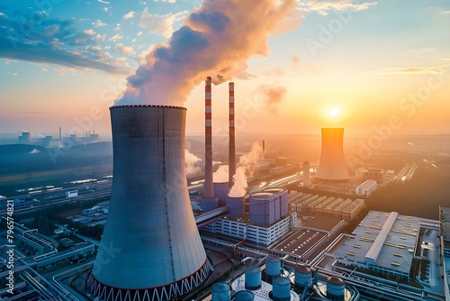 Industrial landscape at sunset with traditional power plant emitting steam and smog. Concept Industrial Landscape, Sunset Photography, Power Plant Smoke, Environmental Impact, Urban Decay photo
