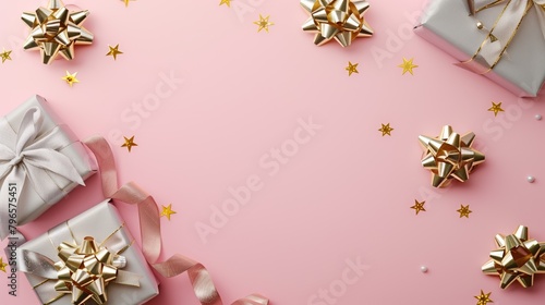 Elegant gift boxes with golden bows and decorative stars on a pink background.
