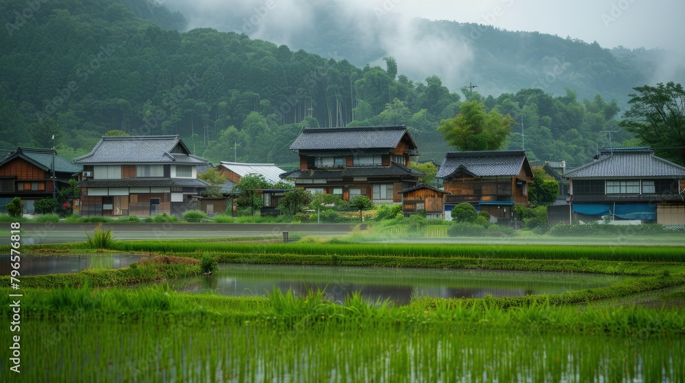 Obraz premium A small village with houses and a pond