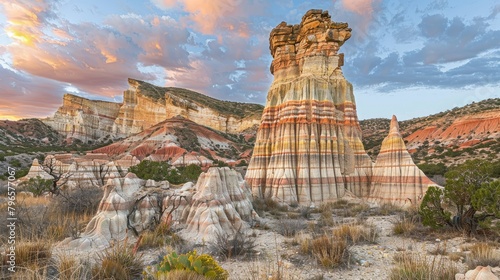 A rocky mountain range with a large, colorful rock formation in the foreground photo