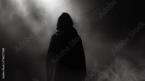 A dark figure stands in the middle of a foggy forest. photo