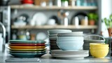 Stacks of colorful dishes and bowls on a kitchen counter with blurred background.