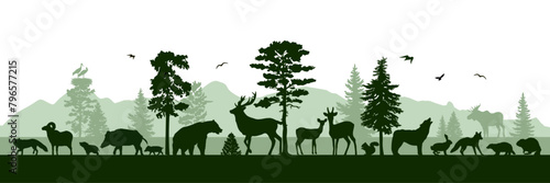 European panorama with silhouettes of wild animals. Vector illustration. © Евгений Горячев