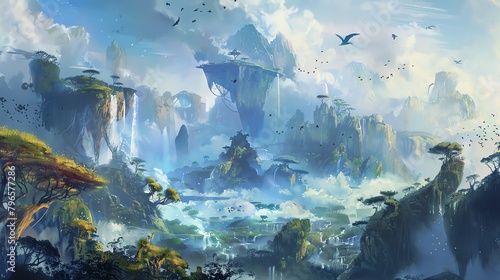 A beautiful landscape with floating islands, waterfalls, and a blue sky