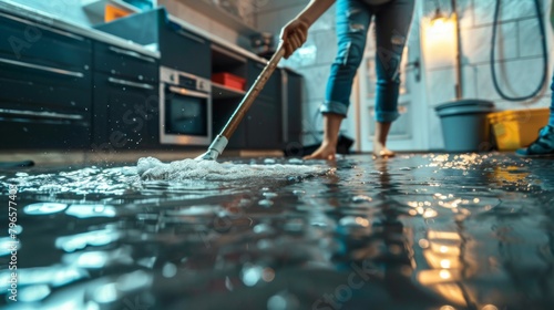 A woman is cleaning up a flooded kitchen with a mop