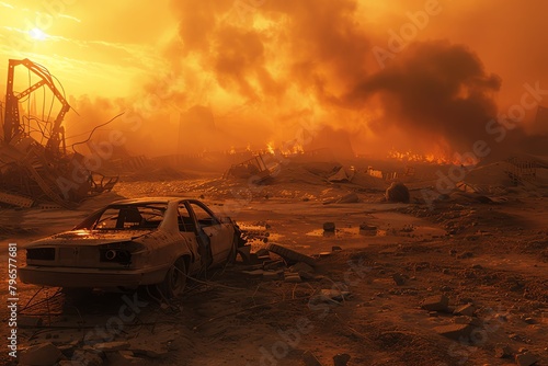 A lone car sits abandoned in a post-apocalyptic landscape. The sky is orange and the ground is cracked and scorched. The car is covered in dust and has a flat tire.