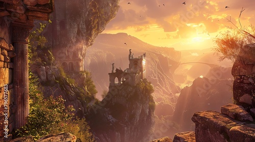 A digital painting of a ruined castle on a cliff overlooking a valley