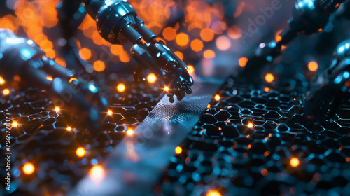 A magnified image of a strip of graphene being manipulated by tiny robotic arms representing the potential use of nanoscale electronics in advanced manufacturing processes. © Justlight