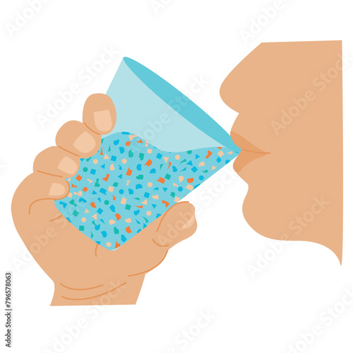 Micro plastic pollution concept. Person drinking water with microplastics. Environmental pollution by toxic waste. Toxic pieces in glass of water. Vector illustration isolated on white background