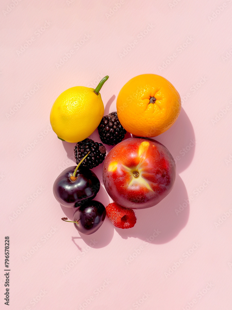Various fruits on baby pink colored background
