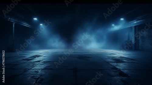 A dark empty street, dark blue background, an empty dark scene, neon light, spotlights The asphalt floor and studio room with smoke float up the interior texture. night view. © hamad