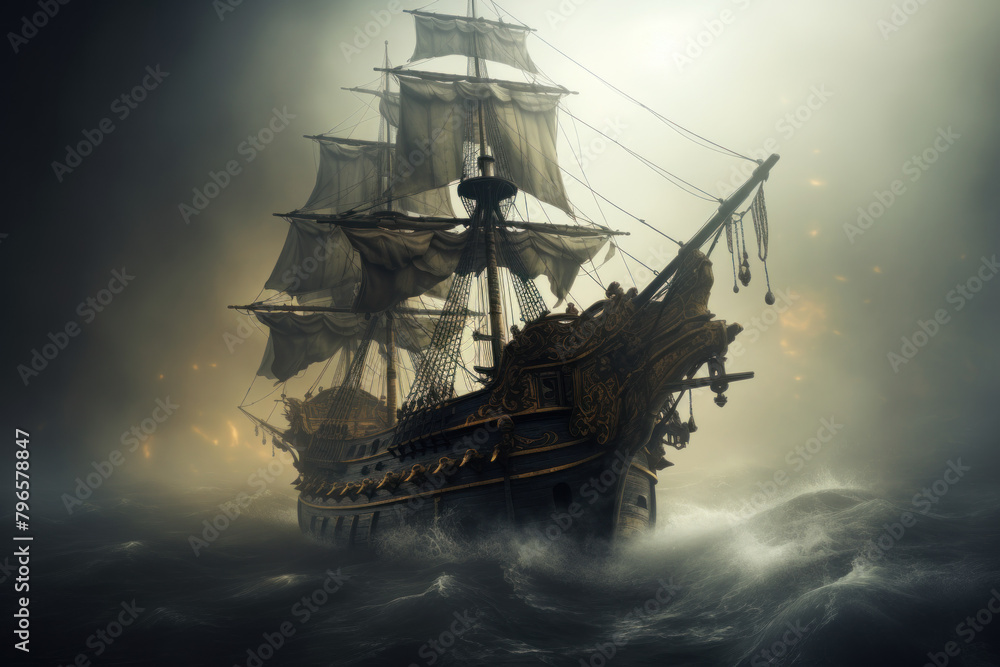 Majestic ghost ship sailing through stormy seas under a clouded, ominous sky.