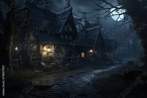 Mysterious medieval tavern illuminated by warm light on a foggy  moonlit night.