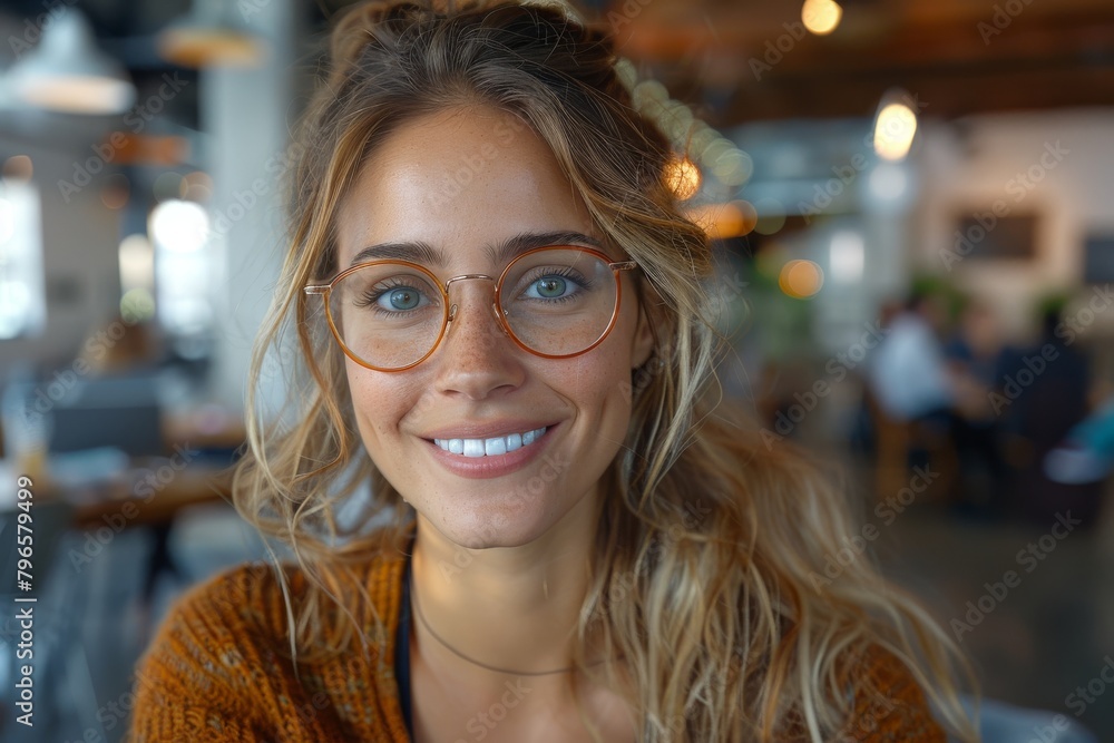 Casual young woman with glasses offering a genuine, friendly smile Casual young woman with glasses offering a genuine, friendly smile