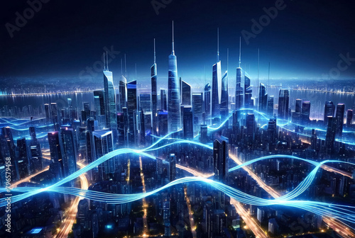 Scenery of smart city with digital blue wavy wires  antennas on night megapolis  urban skyline background. Data connection wireless technology concept. Gen ai illustration. Copy ad text space