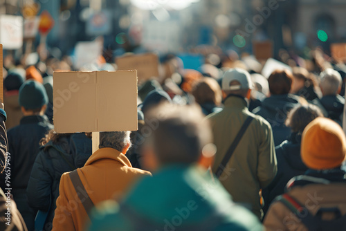 A vibrant image capturing a crowd of people marching in a climate protest, holding signs advocating for action against global warming and carbon dioxide emissions © Yuttana