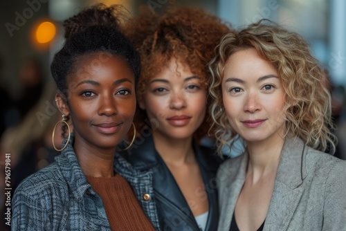 A close-up image of three women from different ethnic backgrounds looking serene and united photo