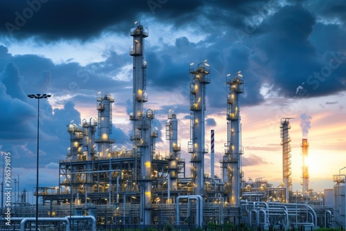Oil refining plan under a cloudy sky architecture refinery factory. photo