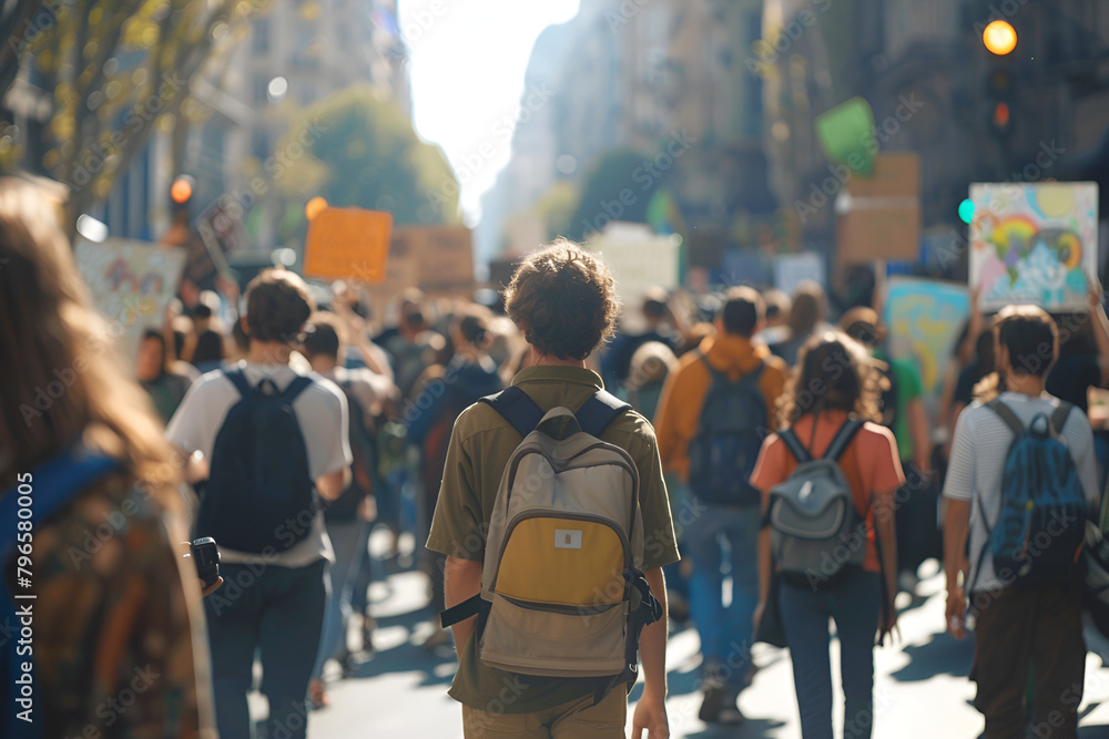 Obraz premium A vibrant image capturing a crowd of people marching in a climate protest, holding signs advocating for action against global warming and carbon dioxide emissions