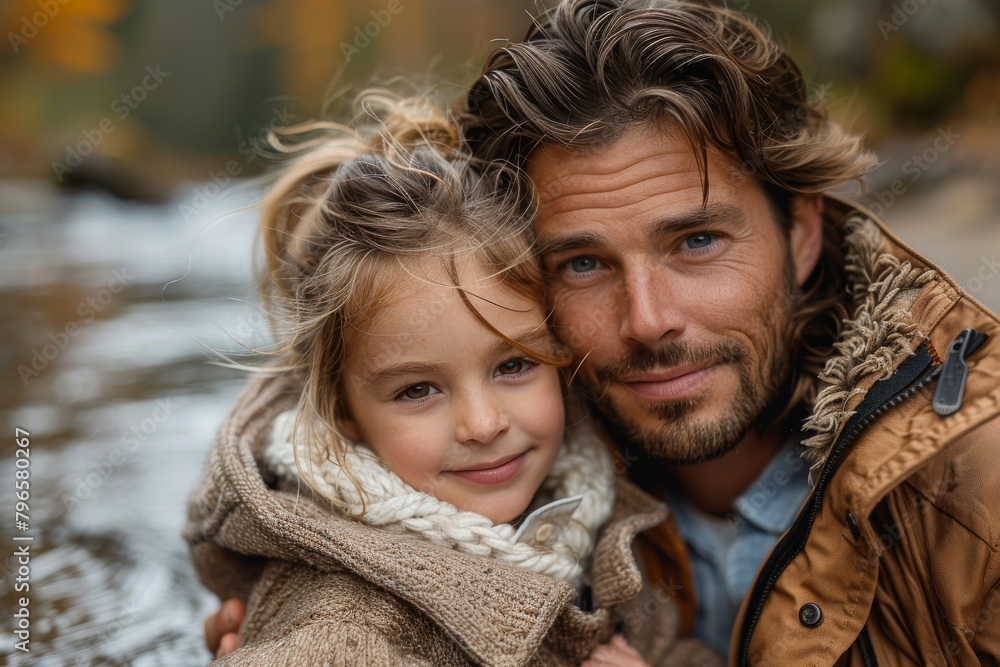 Fototapeta premium A handsome father and his young daughter share an affectionate moment outdoors in autumn