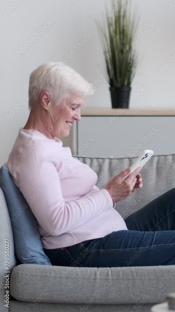 Friendly Caucasian elderly woman using phone, messaging in social media or browsing internet, lying on sofa at home. Leisure time relaxation. Vertical video. Friendly Caucasian elderly woman using phone, messaging in social media or browsing internet, lying on sofa at home. Leisure time relaxation. Vertical video.