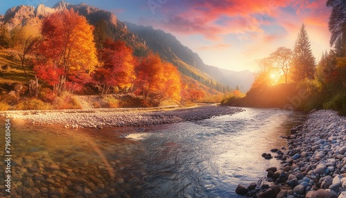  "Sunny Serenity: A Tapestry of Nature's Autumnal Brilliance"landscape, sky, nature, water, autumn, sunset, lake, mountain, 